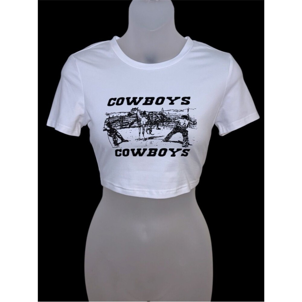 SHEIN Women’s Cowboys Graphic White Cropped Tee Size XS